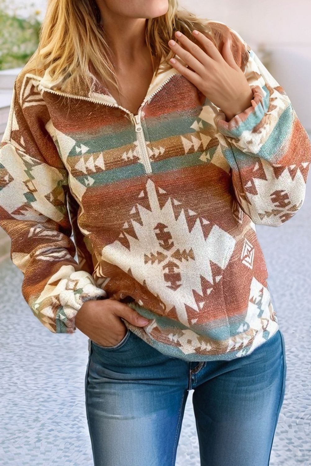 LDC Quarter Zip Elastic Cuffs Western Sweatshirt