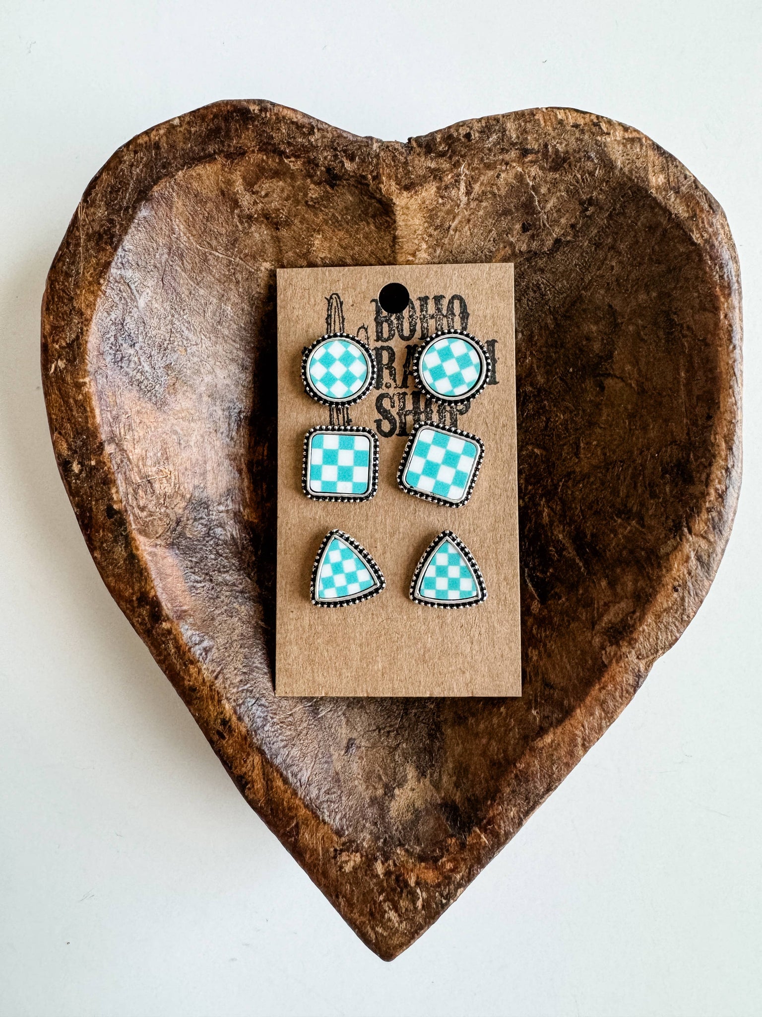 Western Checker Shape Post Combo Earring Set