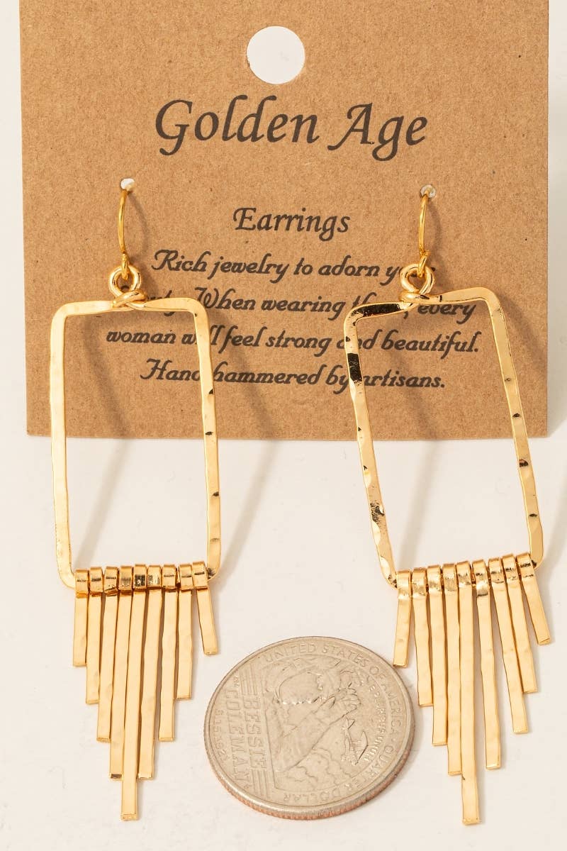 Hammered Rectangle Tapered Bar Fringe Dangle Earrings