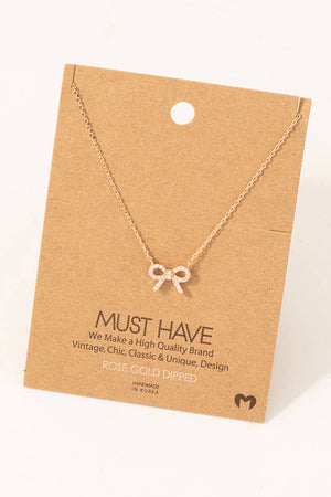 Gold Dipped Cz Stud Ribbon Bow Pendant Necklace