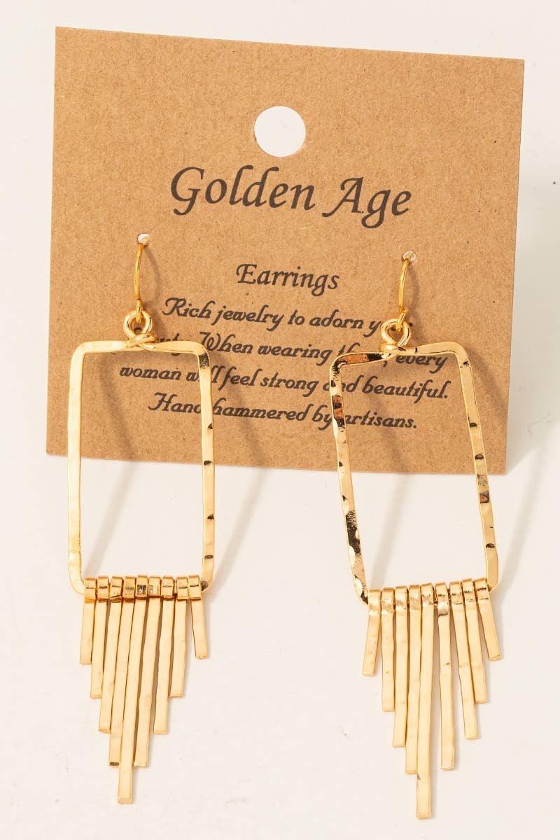 Hammered Rectangle Tapered Bar Fringe Dangle Earrings