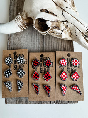 Western Checker Shape Post Combo Earring Set