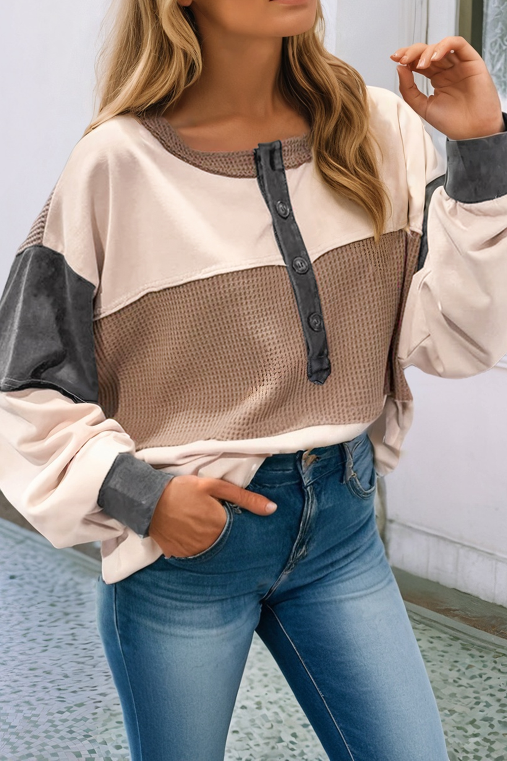 LDC Color Block Waffled Patchwork Loose Henley Top