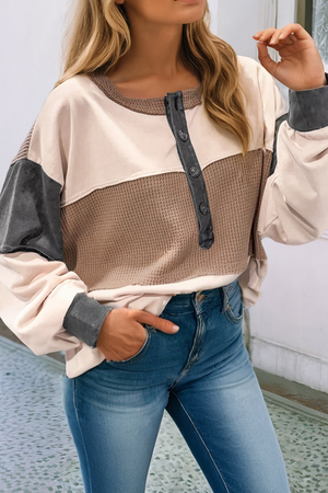 LDC Color Block Waffled Patchwork Loose Henley Top