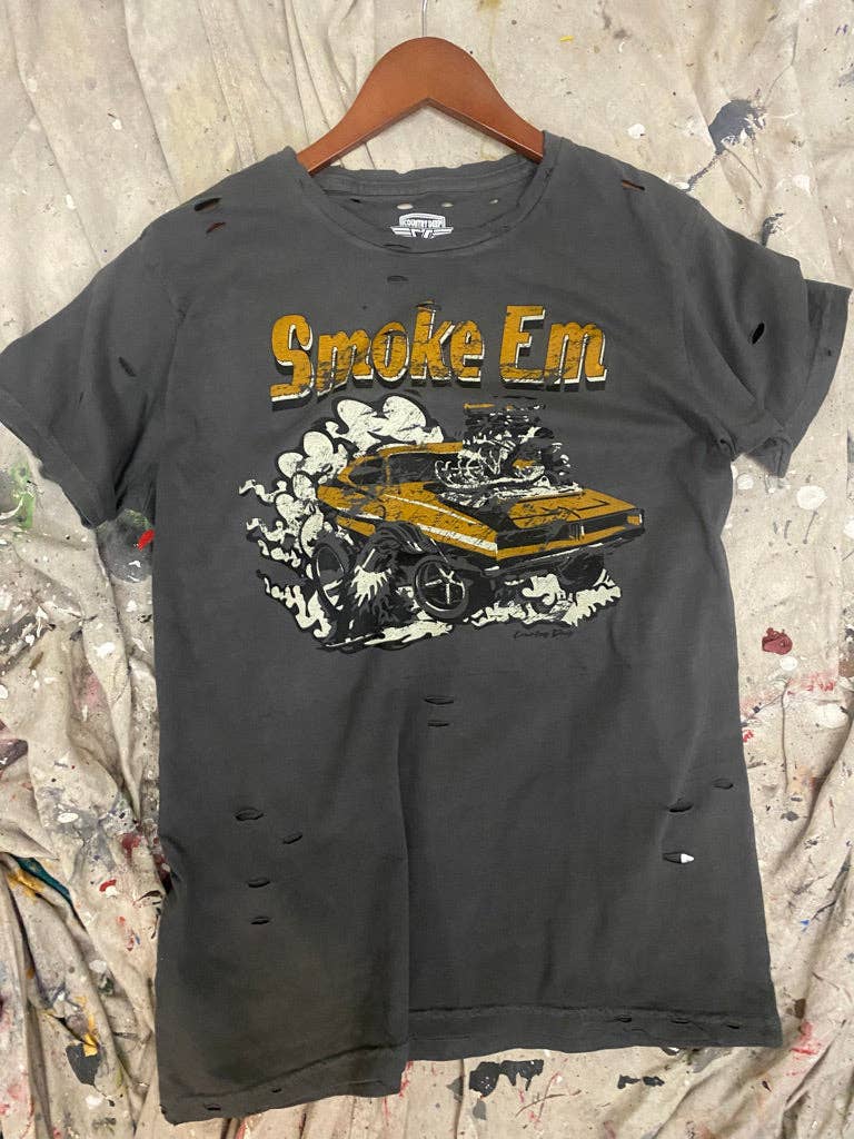 Smoke Em Muscle car distressed faded black T-shirt