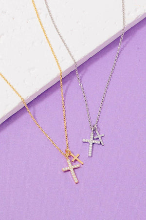 Cz Pave Double Cross Pendant Necklace