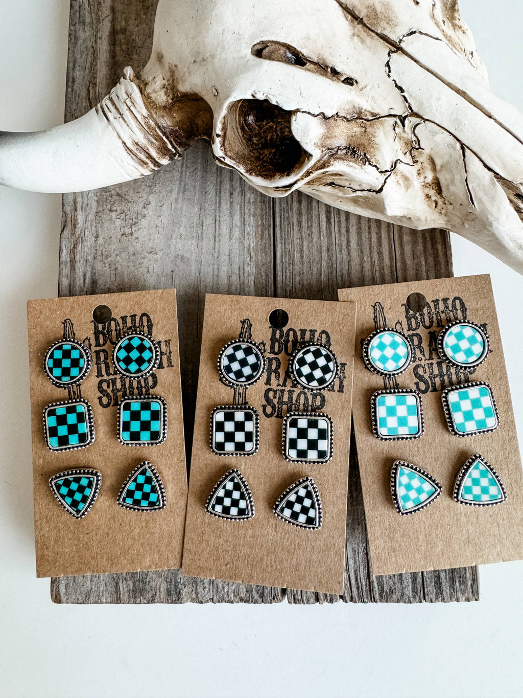 Western Checker Shape Post Combo Earring Set