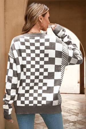 LDC Checkered Print Drop Shoulder Round Neck Sweater