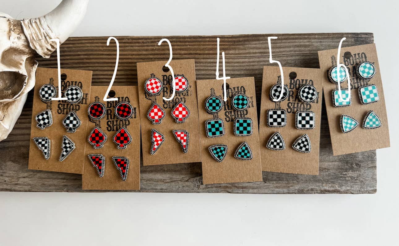 Western Checker Shape Post Combo Earring Set