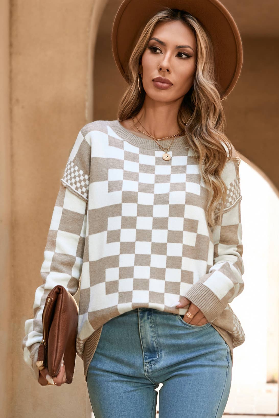 LDC Checkered Print Drop Shoulder Round Neck Sweater