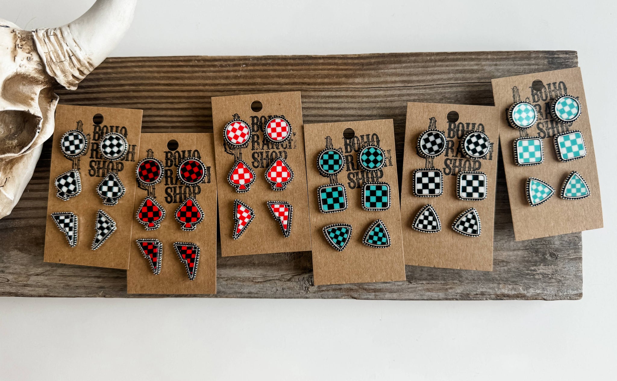 Western Checker Shape Post Combo Earring Set