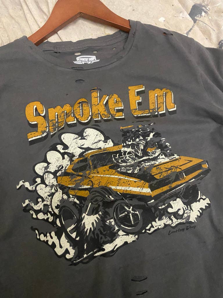 Smoke Em Muscle car distressed faded black T-shirt