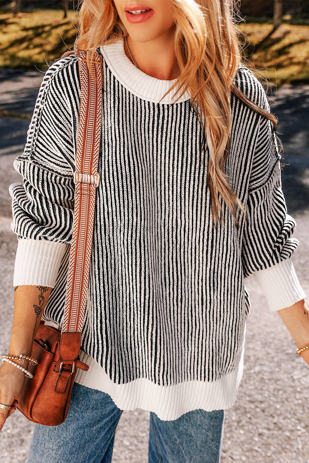 LDC Striped Contrast Trim Loose Sweater