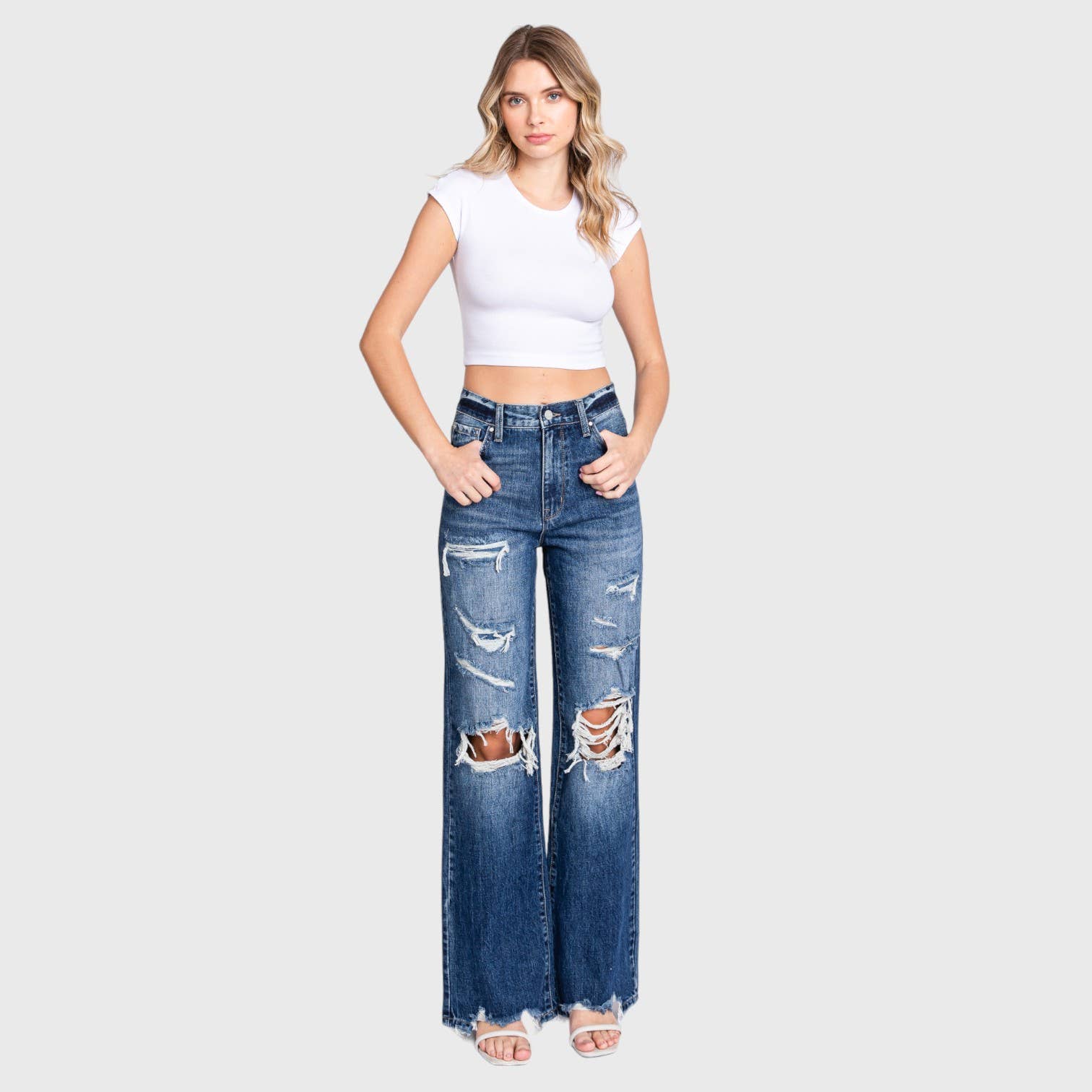 P1144F-MD HIGH RISE RIGID VINTAGE FLARE W/ PATCH WORK JEANS