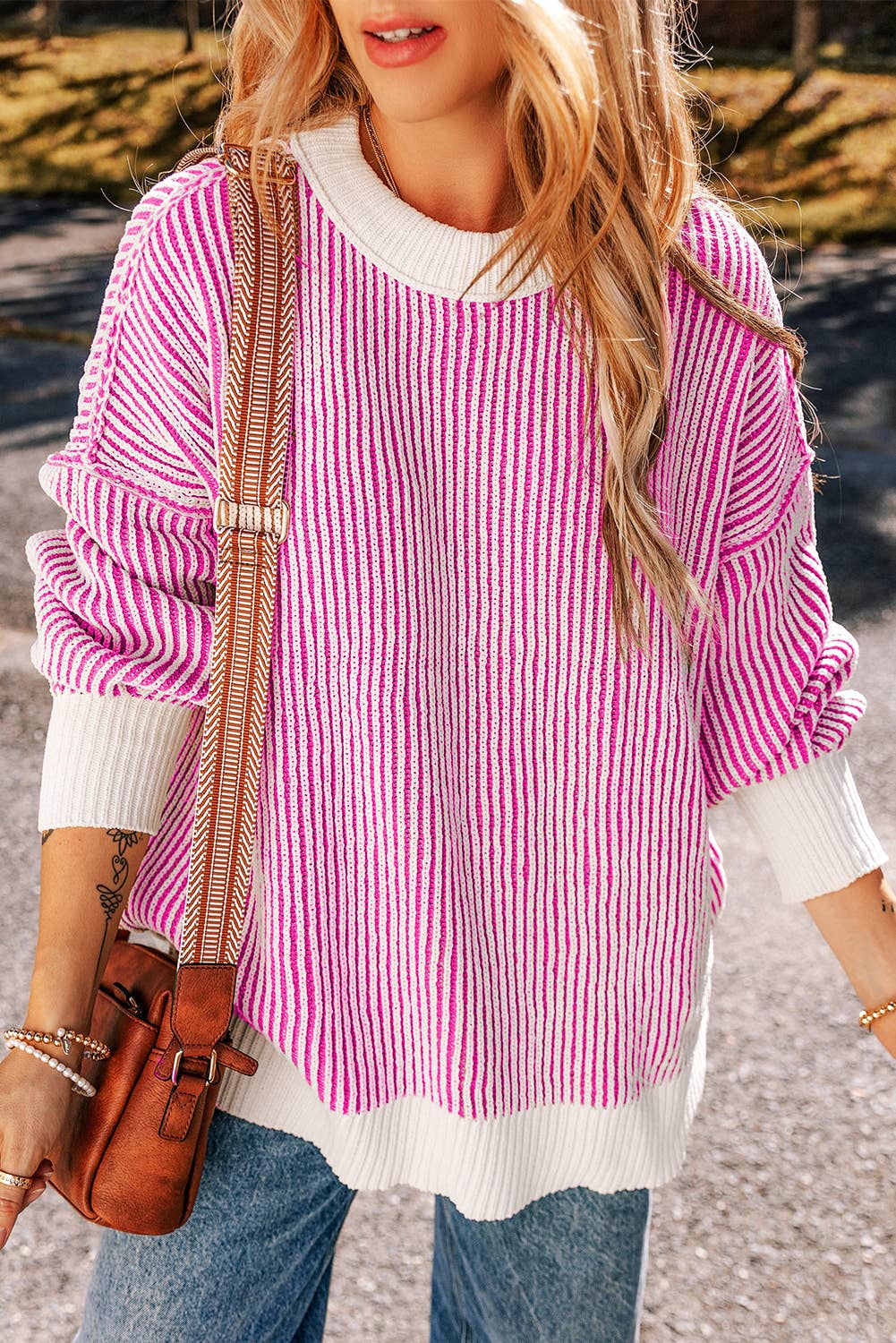 LDC Striped Contrast Trim Loose Sweater